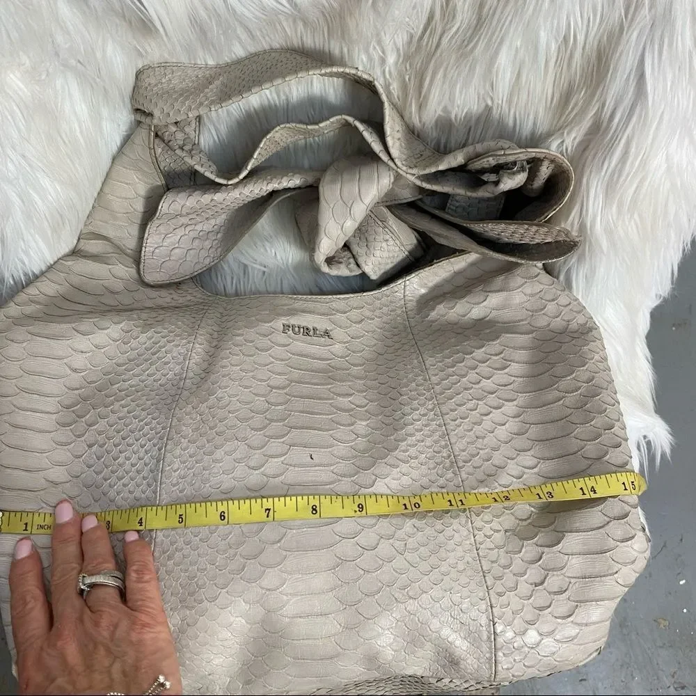 Furla logo light gray croc embossed genuine leather ribbon hobo shoulder bag
